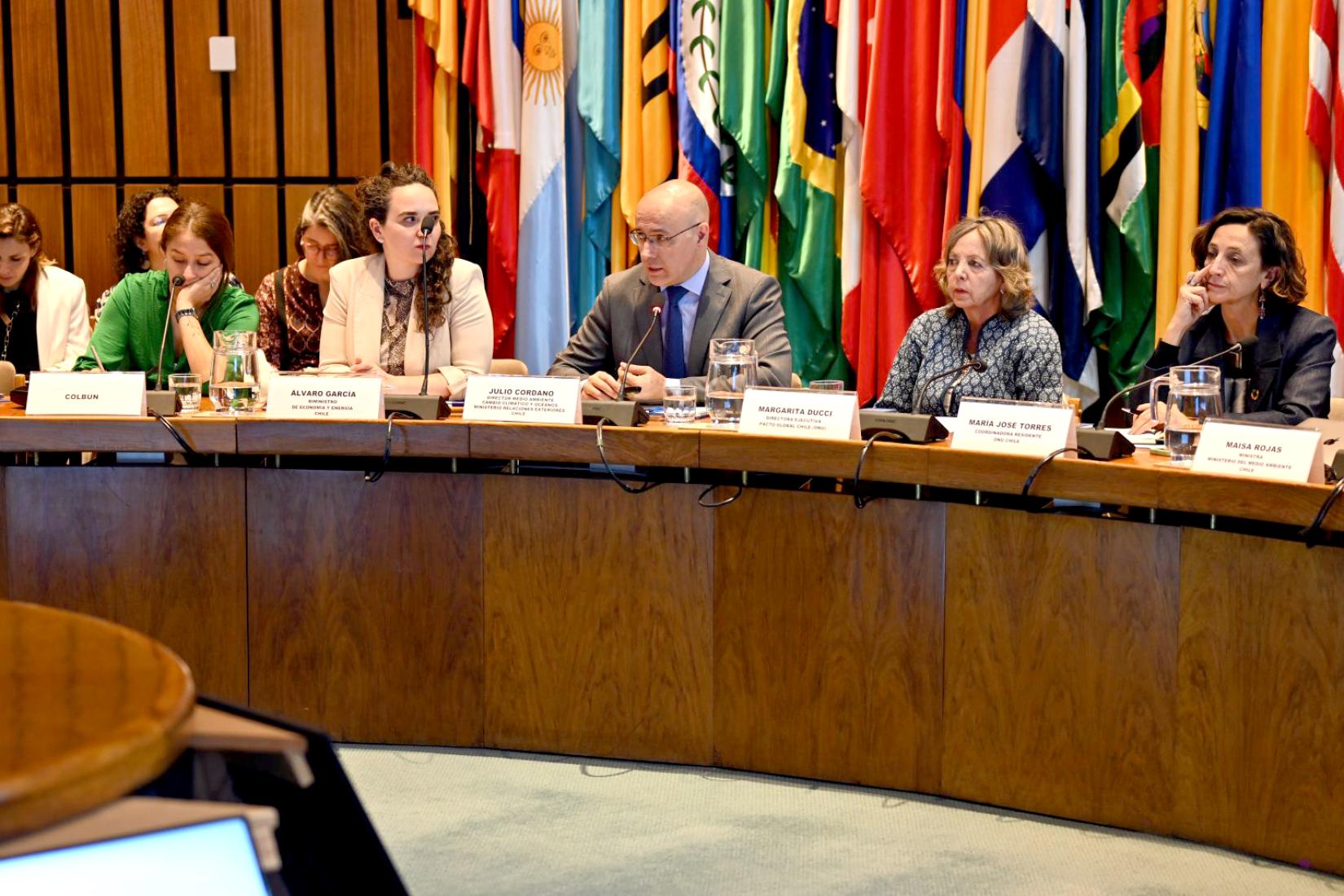 Several people sit at a table at a UN-organized meeting.