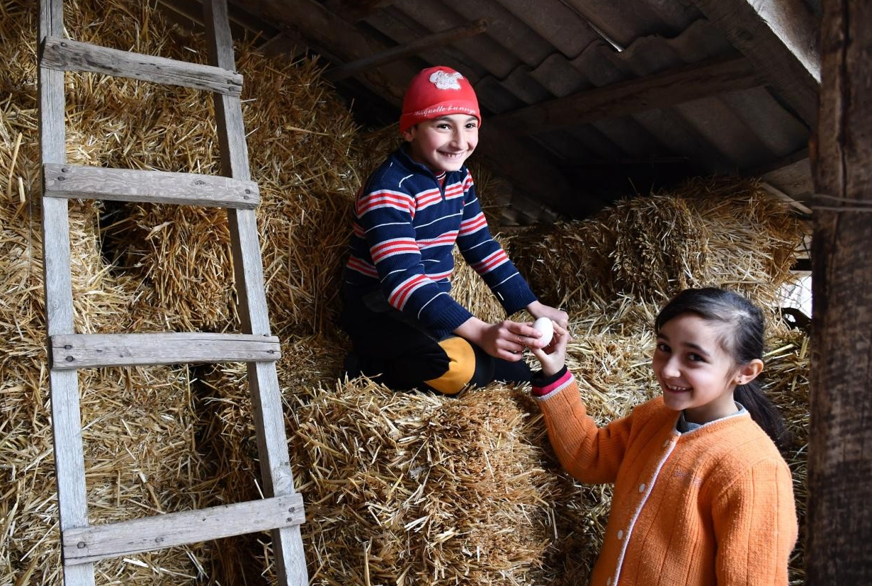 A young boy and girl sit in a chicken coop in Armenia. 
