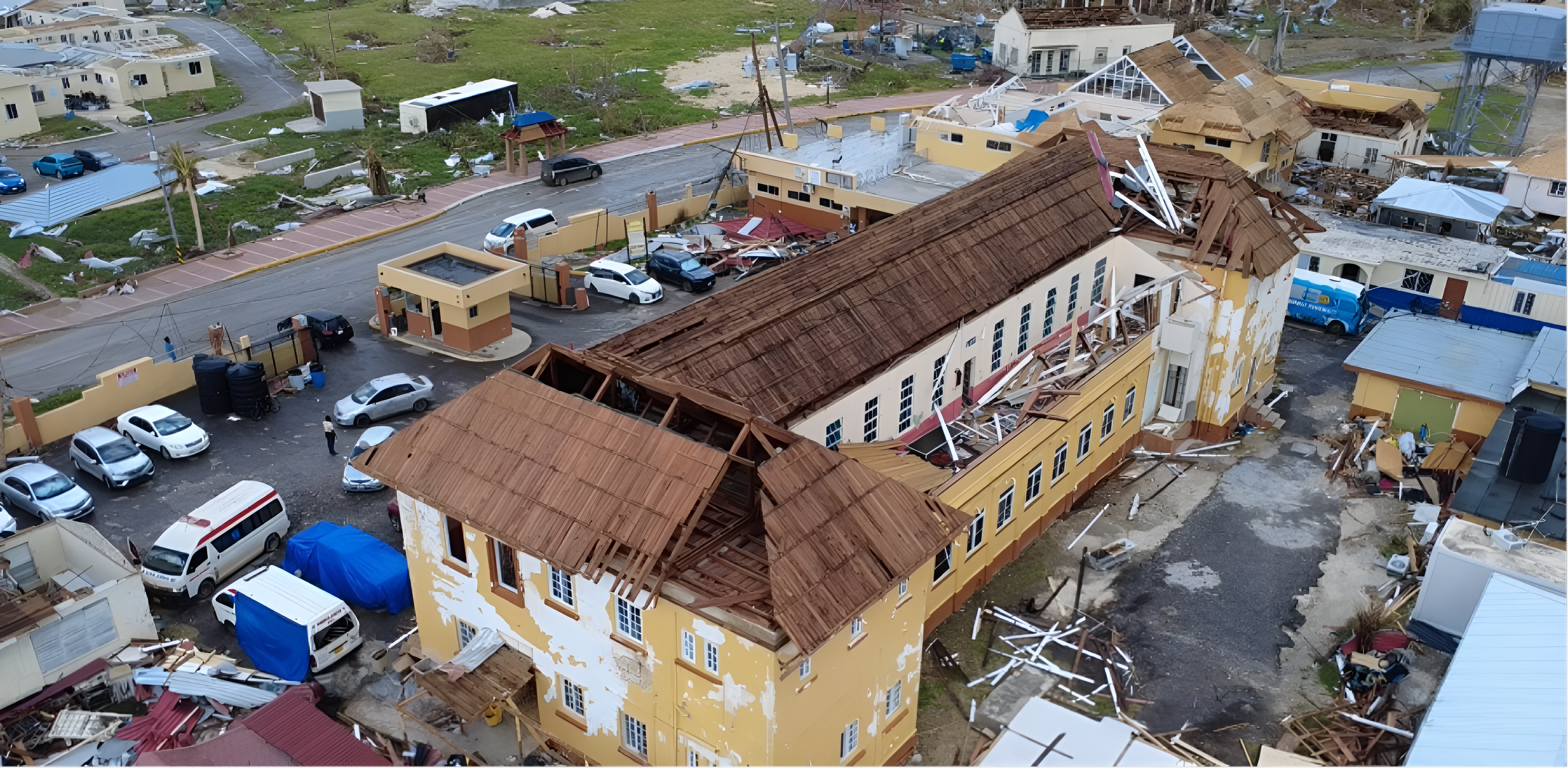 An aerial view of a damaged health facility after a hurricane in Jamaica.