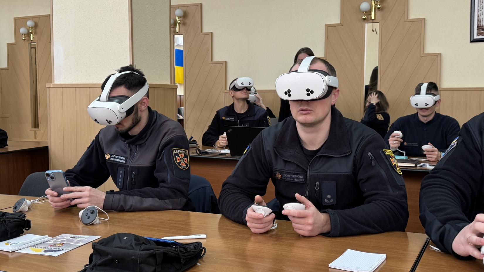 Demining officials in Ukraine use virtual reality goggles. 