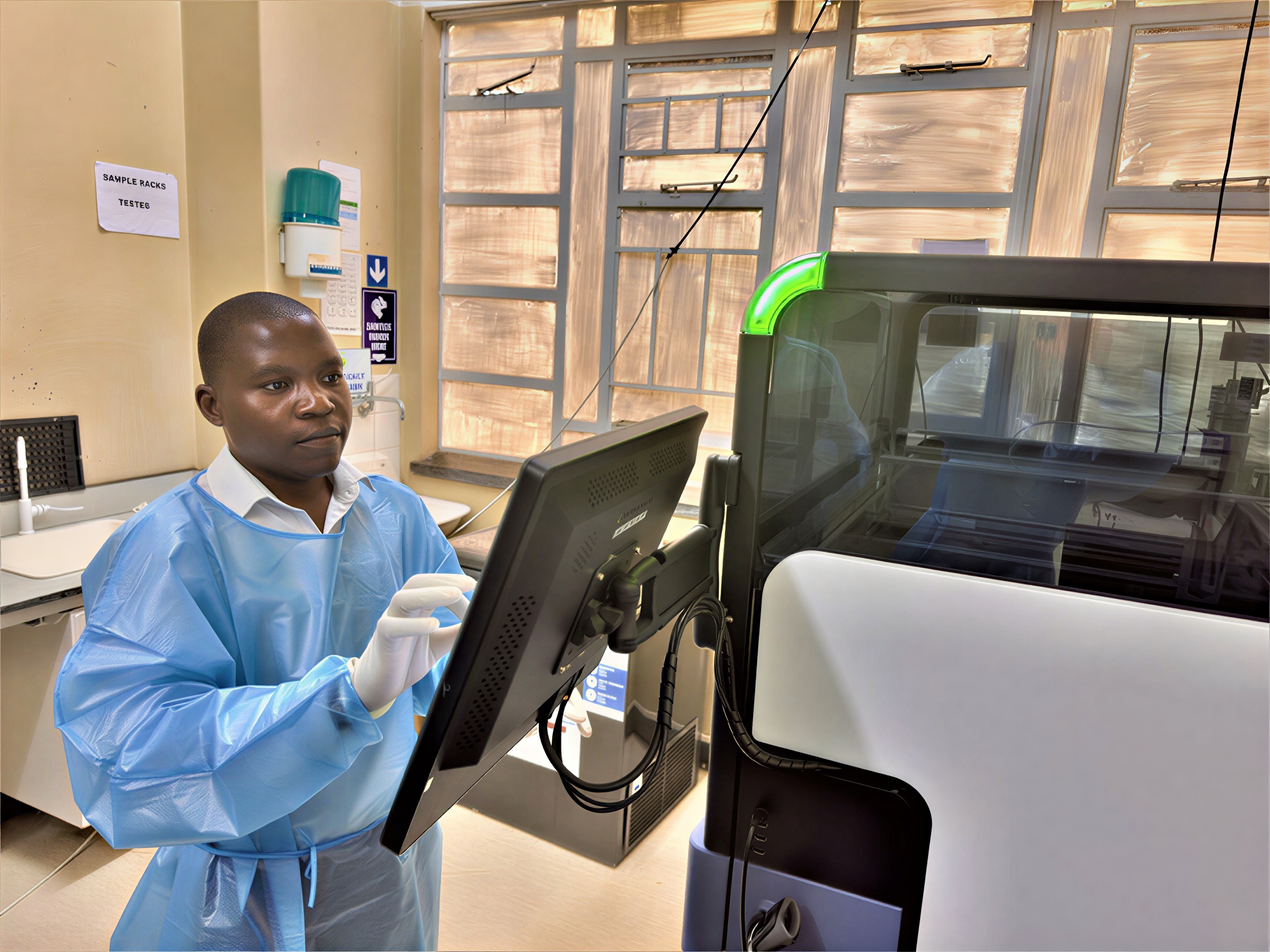 A doctor in Zimbabwe uses a medical device in a hospital. 