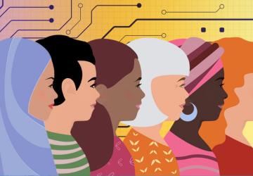 Animated image of 6 colourful women standing in profile 