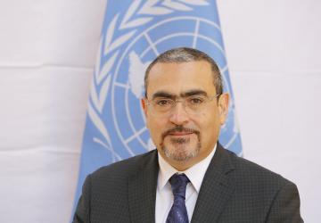 man in dark suit and blue ties stands in front of UN flag 