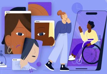 Images of faces in three mobile phones next to a person walking and another larger mobile with a picture of a person using a wheelchair