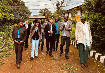 group of people in suits walk along dirt path with tress in the back ground