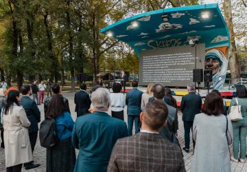 A group of people in an outdoor space before a consultation on the North Macedonia development strategy 