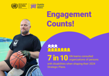 An infographic about disability inclusion, stating that 7 in 10 UN teams consulted organizations of persons with disabilities when developing their plans.