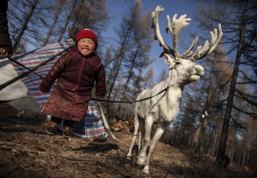 A girl in Mongolia happily smiles next to a reindeer.