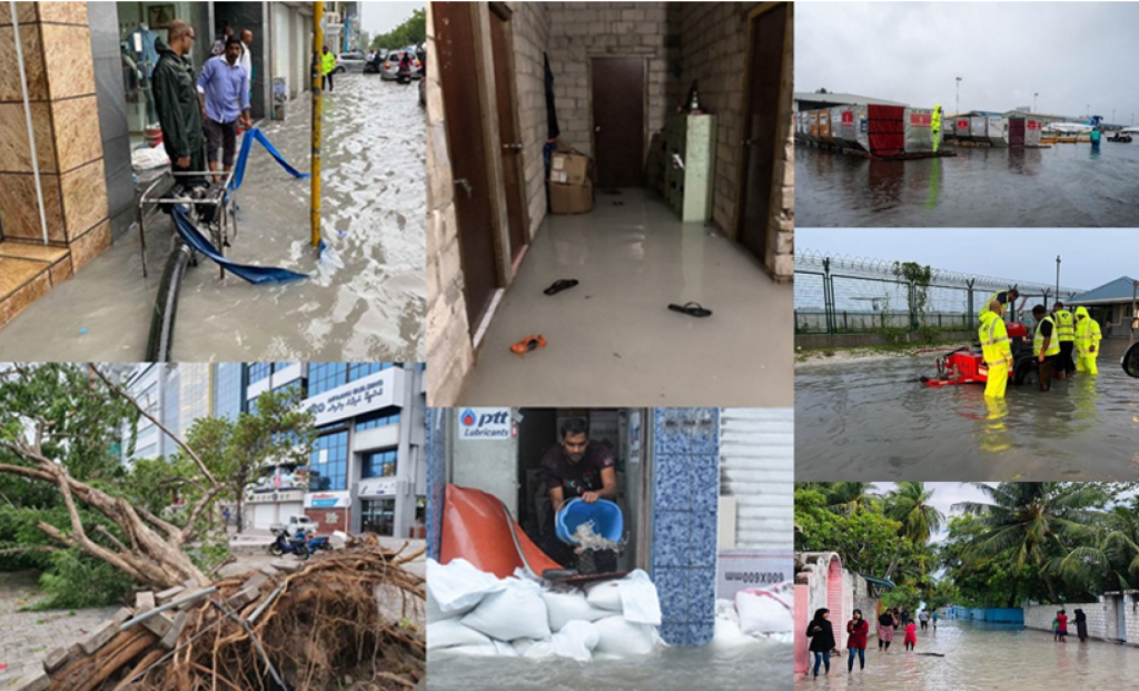 A collage of photographs showing Maldives responding to flooding 