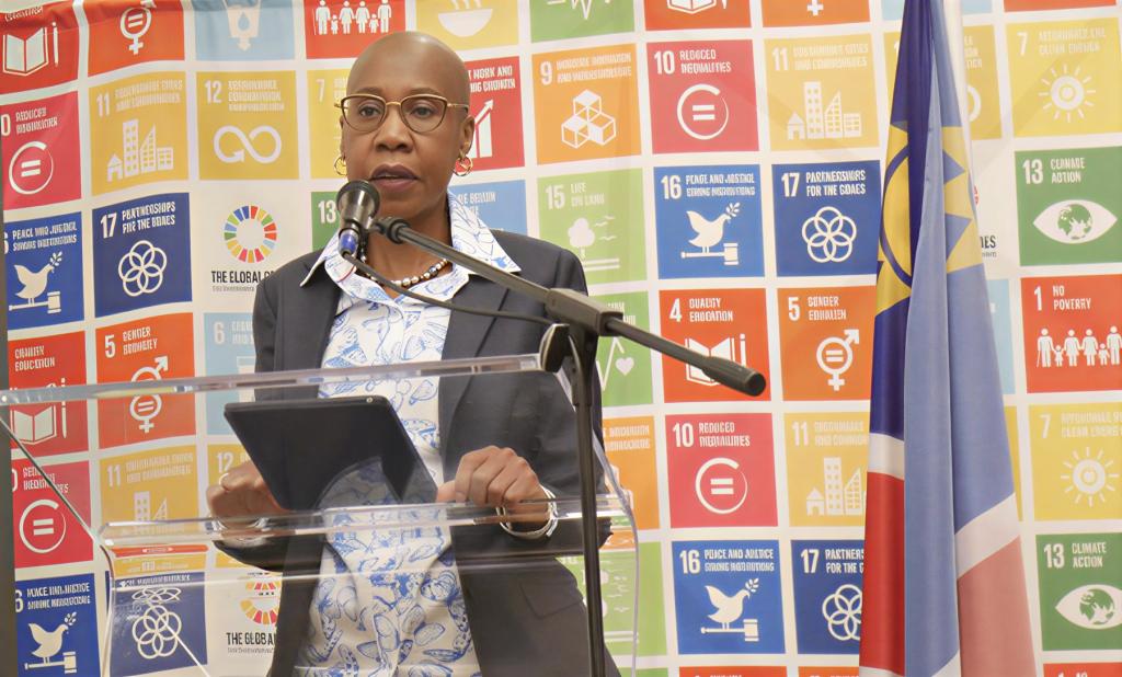 The UN Resident Coordinator in Namibia delivers a speech.
