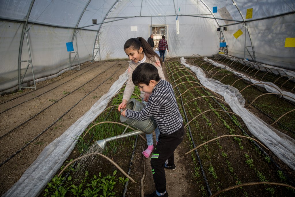 Two kids water plants in a greenhouse.