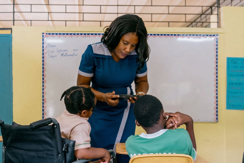 A teacher in Jamaica with her two students.