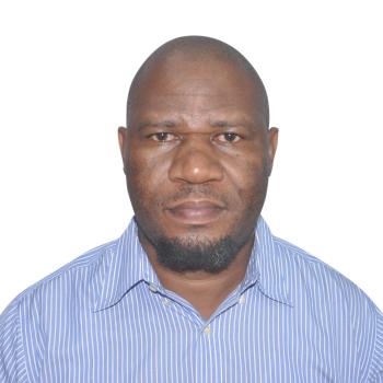 man in blue shirt against white background 