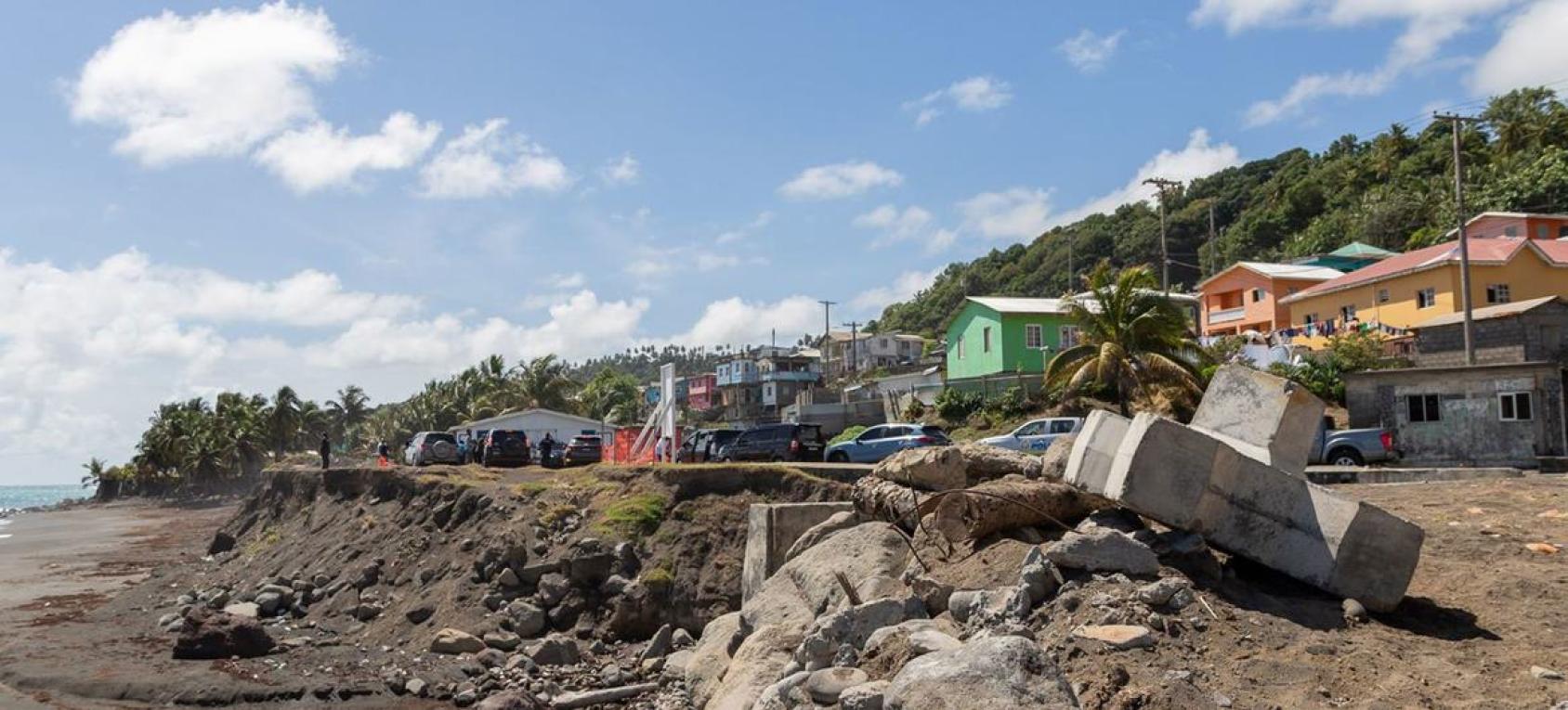 A landscape scene of the land and sea in the Saint Vincent and Grenadines