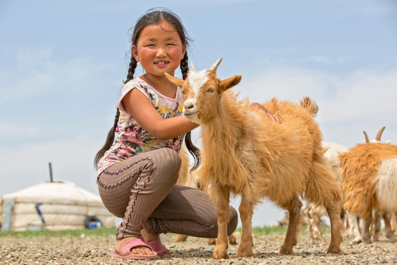 young girl bends down next to a goat