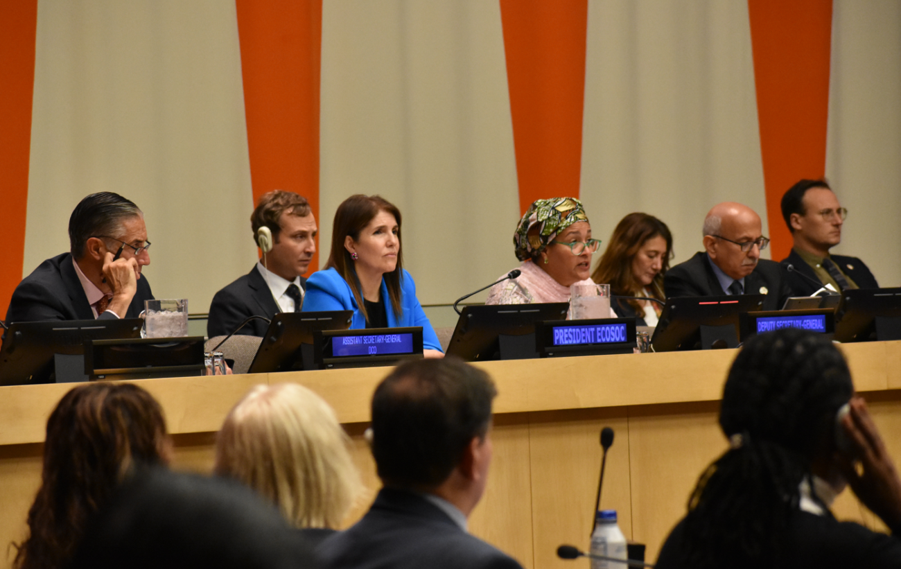 panelists, including the Deputy-Secretary General sit in the ECOSOC chamber addressing Member States and Resident Coordinators