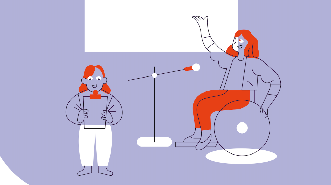 infographic of a women, who is sitting in a wheel chair speaking into a microphone