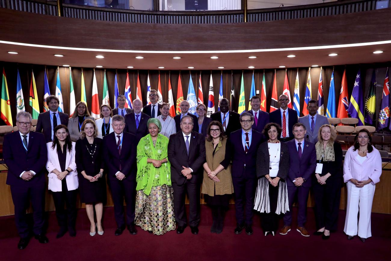 RCs stand indoors in front of country flags