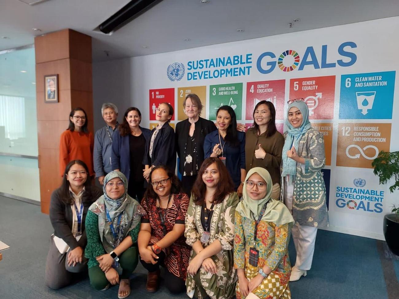 A group of 13 people stand across two lines in front of a wall painted with the colours of the UN Sustainable Development Goals