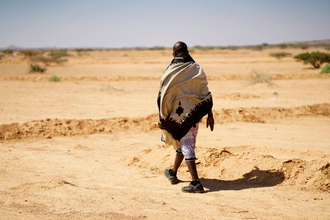 A man walking through agricultural land in Somalia.