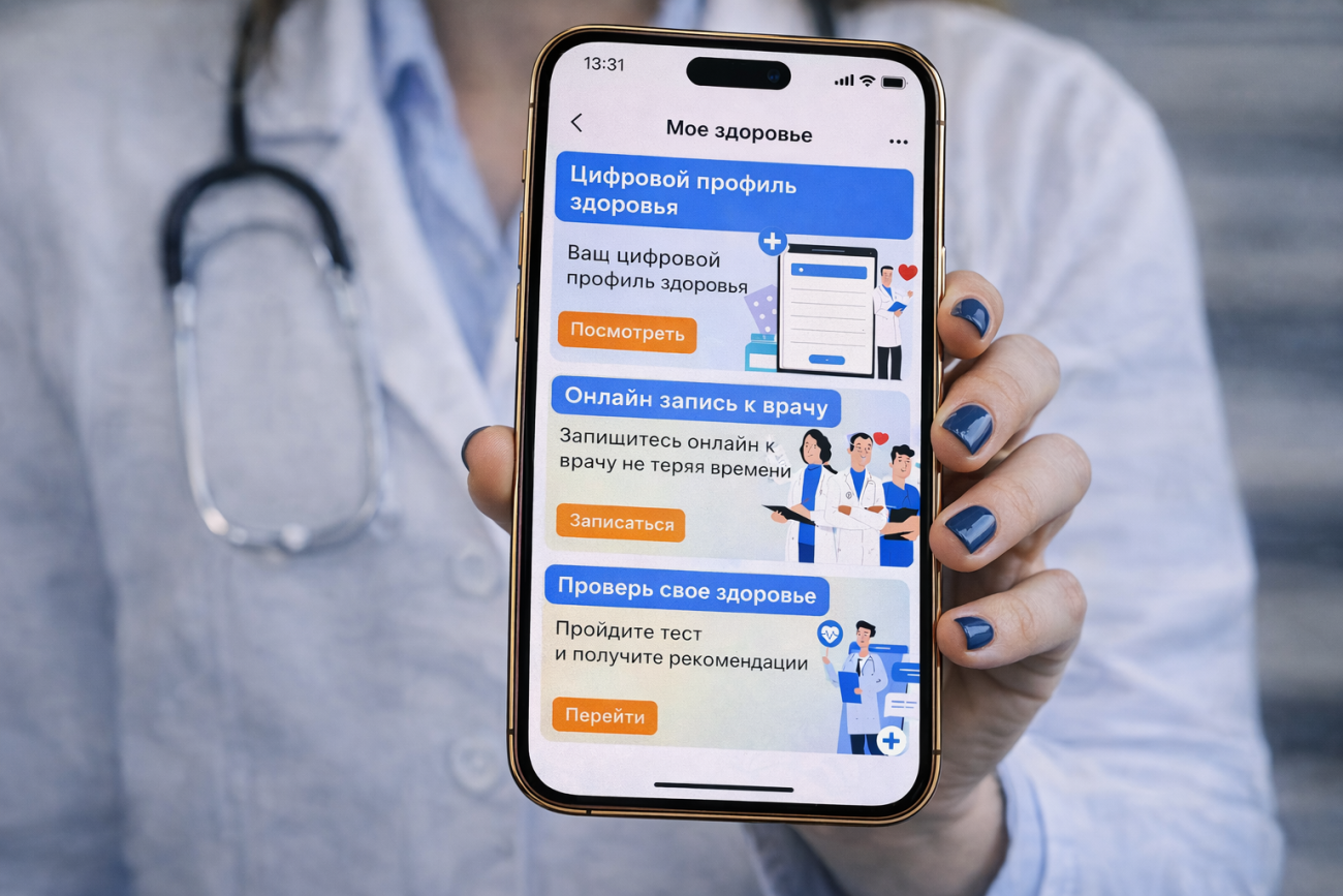 A doctor holds a phone displaying an e-health app.