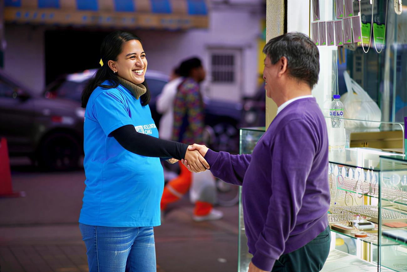 A female UN volunteer in Peru shakes hands with a local man. 