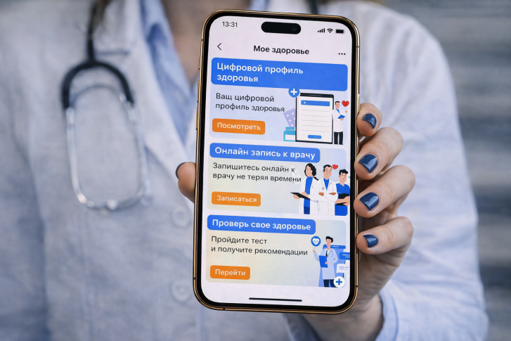 A doctor holds a phone displaying an e-health app.