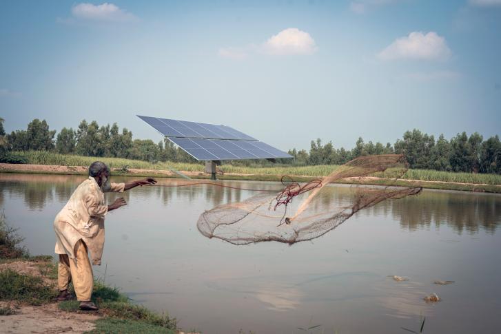 A man in Pakistan throws a fish net into a lake; a solar panel is in the background.