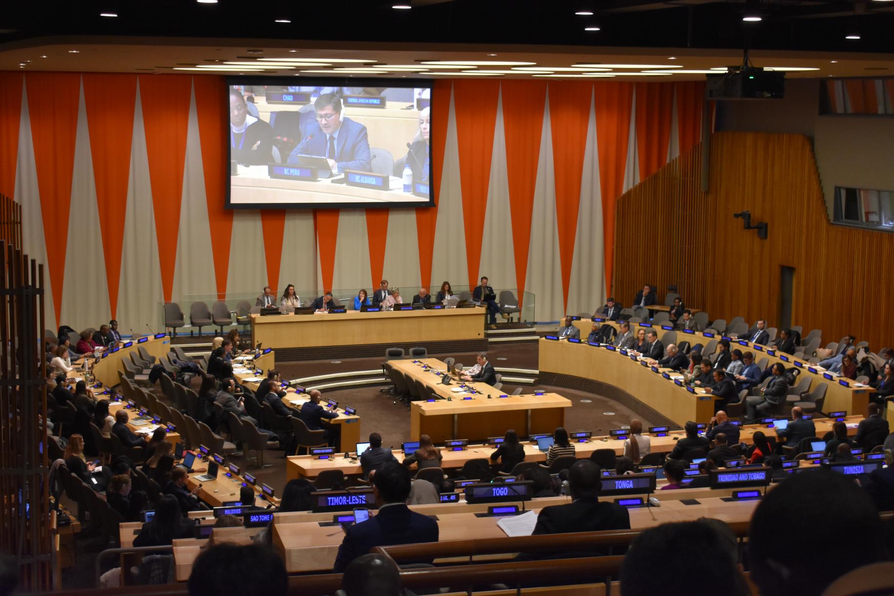 overhead view of a meeting room with the RC in Peru speaking on the screen