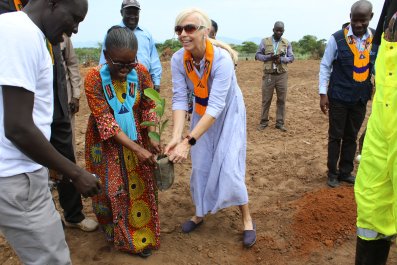 Several people gather in an open field as two participants place a young tree into the soil during a planting activity.
